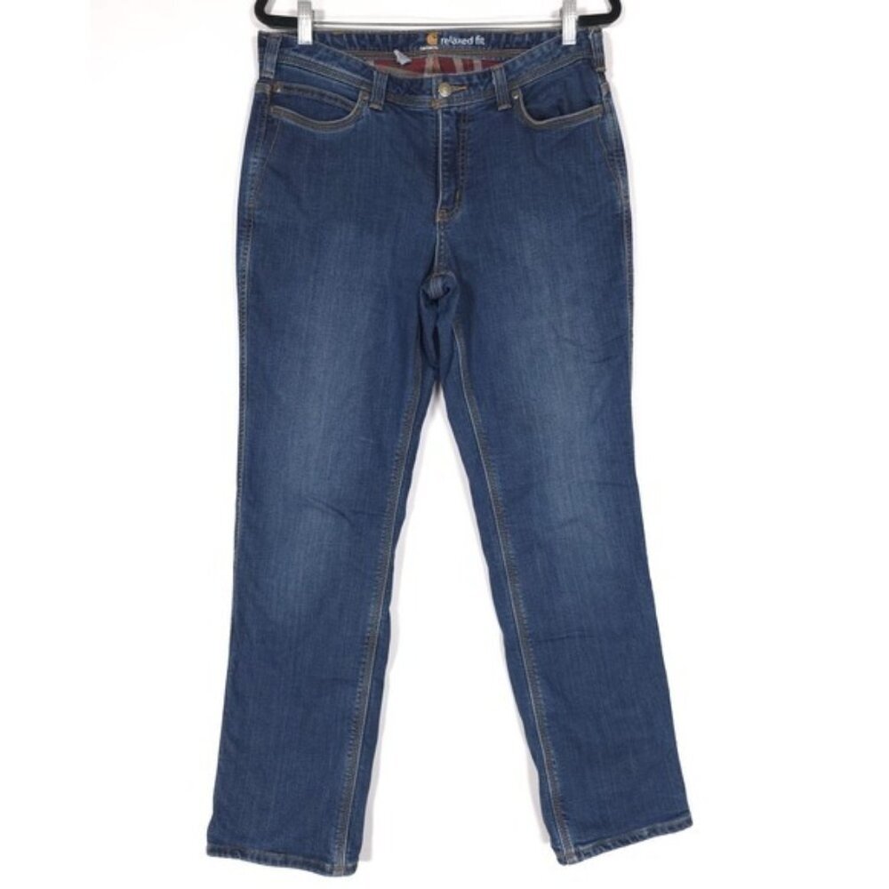 CARHARTT Women's Relaxed Fit Straight Leg‎ Red Plaid Flannel Lined Jeans Size 12